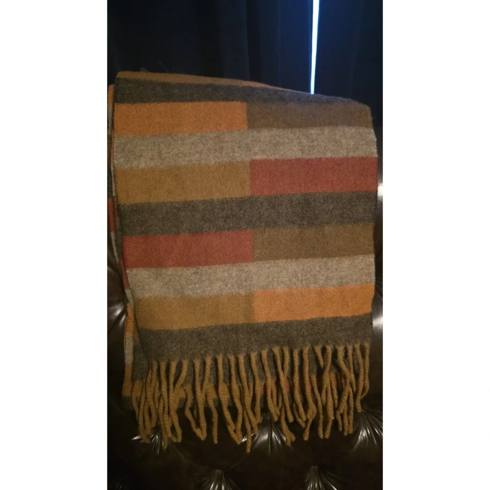 Eddie Bauer Wool & Cashmere knit scarf orange brown tan Geometric Fringe 75x10